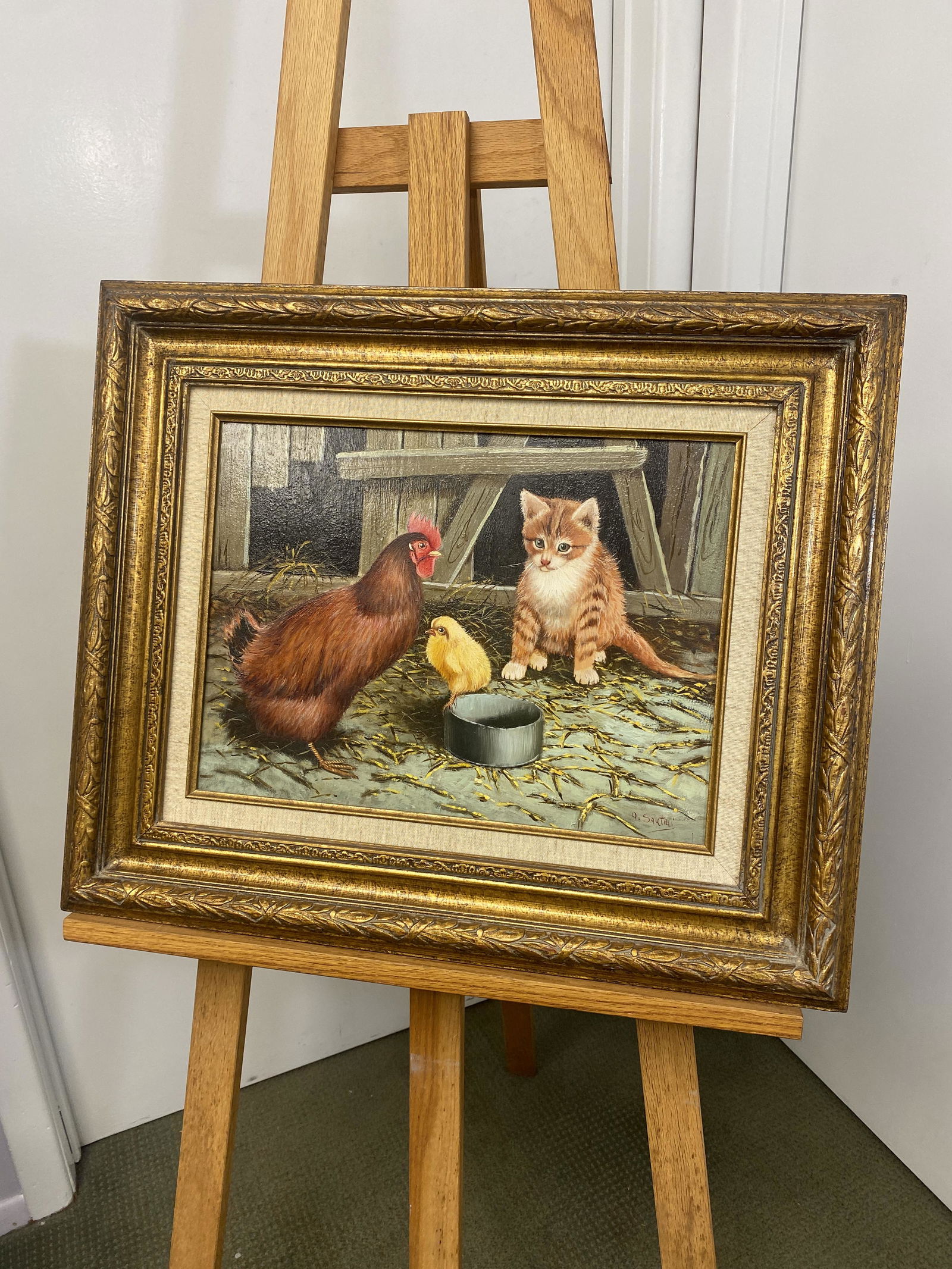 J. Santini Oil on Board Cat, Chicken and Chick (1 of 10)