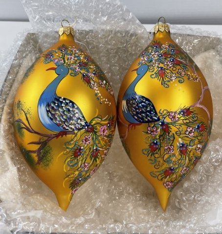 2 Barneys New York Golden Peacock Hand-painted Christmas Ornaments: 2 Barneys New York Golden Peacock Hand-painted Christmas Ornaments . These are beautiful Christmas ornaments, they are in great condition, they are both gold with handpainted peacocks. they measure 7"