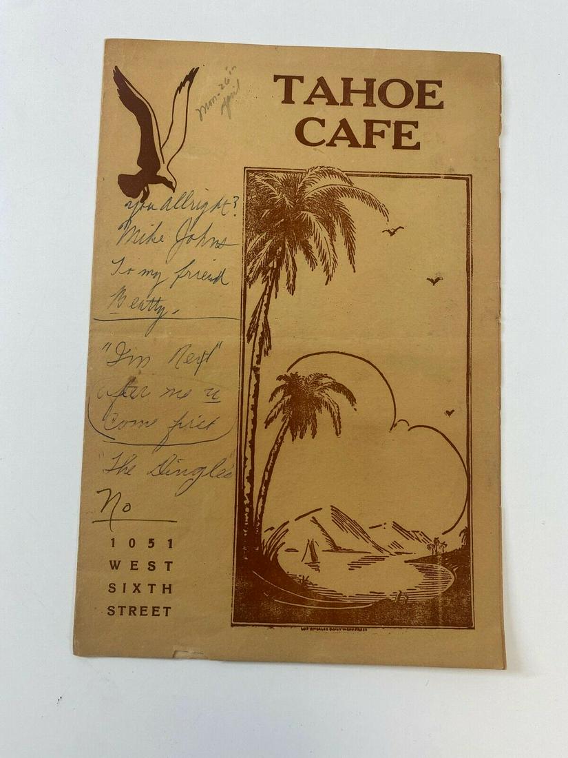 Vintage Tahoe Cafe 1051 West Sixth Street Menu: Vintage Tahoe Cafe 1051 West Sixth Street Menu. This is a nice old menu, it is in good condition, it does have signs of wear from over the years. It measures 7" x 10 1/4" and 10 1/4" x 14".