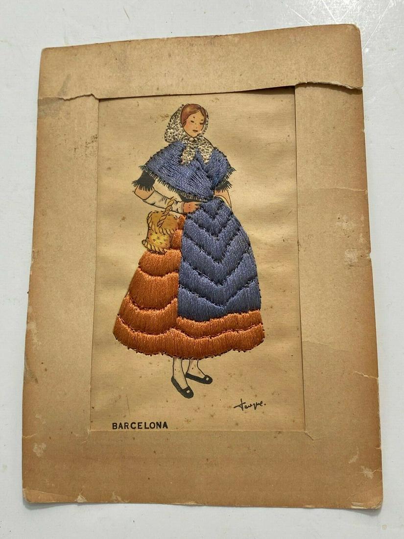 Vintage Embroidered Barcelona Postcard: Vintage Embroidered Barcelona Postcard. it is in okay condition, it has signs of wear, the border around the postcard is torn at the top. it measures 5 1/4" x 7".