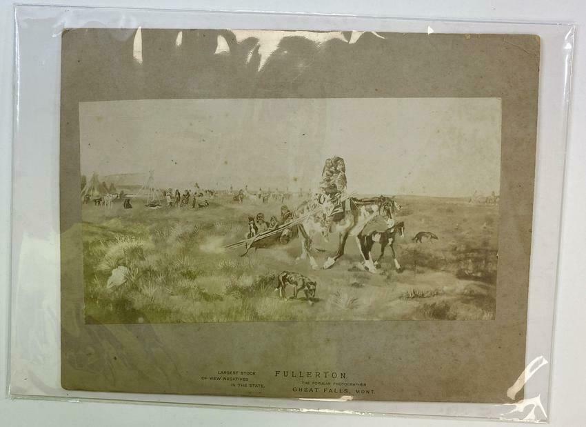 VTG Charles Marion Russell Crow tribe Native American On Horseback: A beautiful image by Charles Marion Russell - this image depicts native americans from the Crow tribe riding on horseback, carrying a buggy, some dogs and in the background, a campground can be seen w