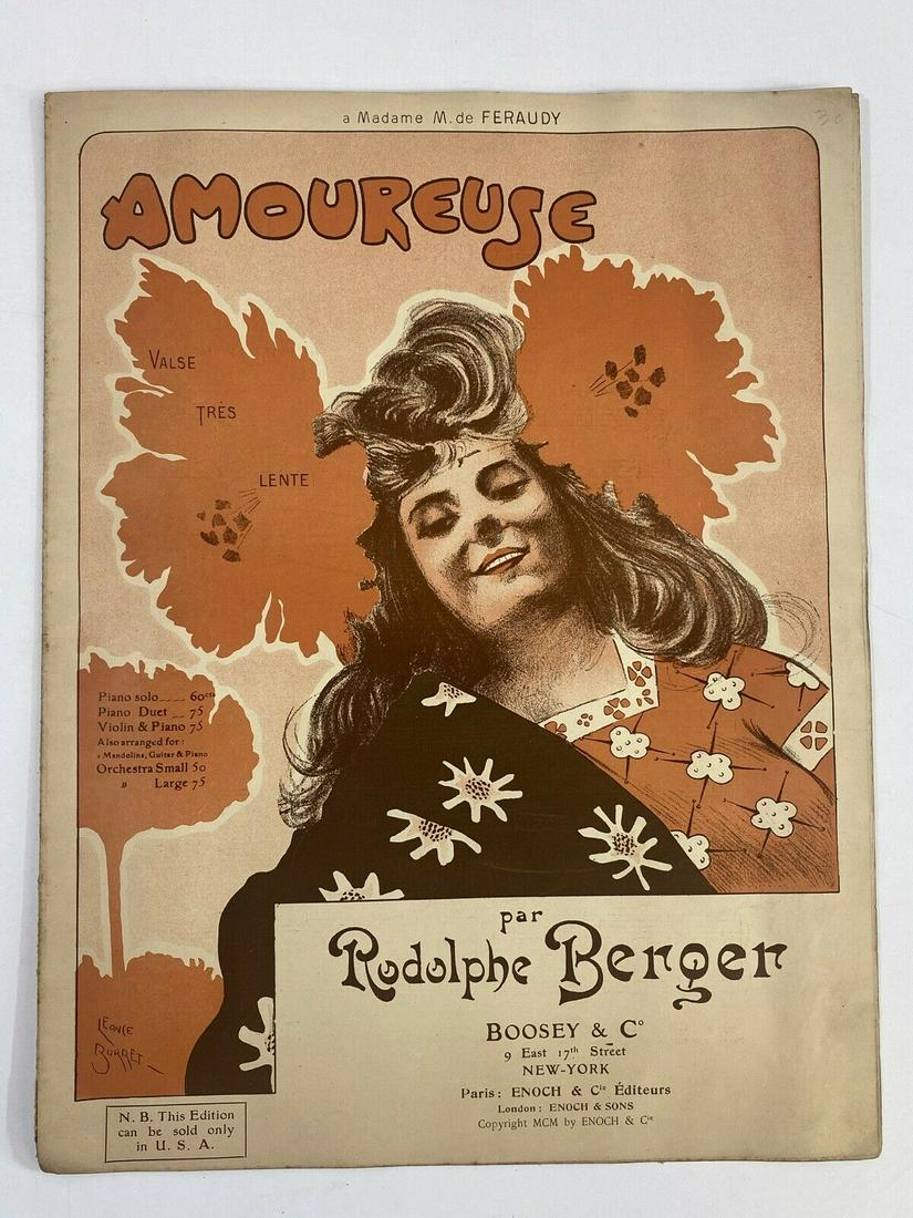Vintage Amoureuse by Rodolphe Bergen Sheet Music: Vintage Amoureuse by Rodolphe Bergen Sheet Music. This is a cool old booklet of sheet music, it is in okay condition, it does have signs of wear from over the years, there is 1 song, "Amoureuse."