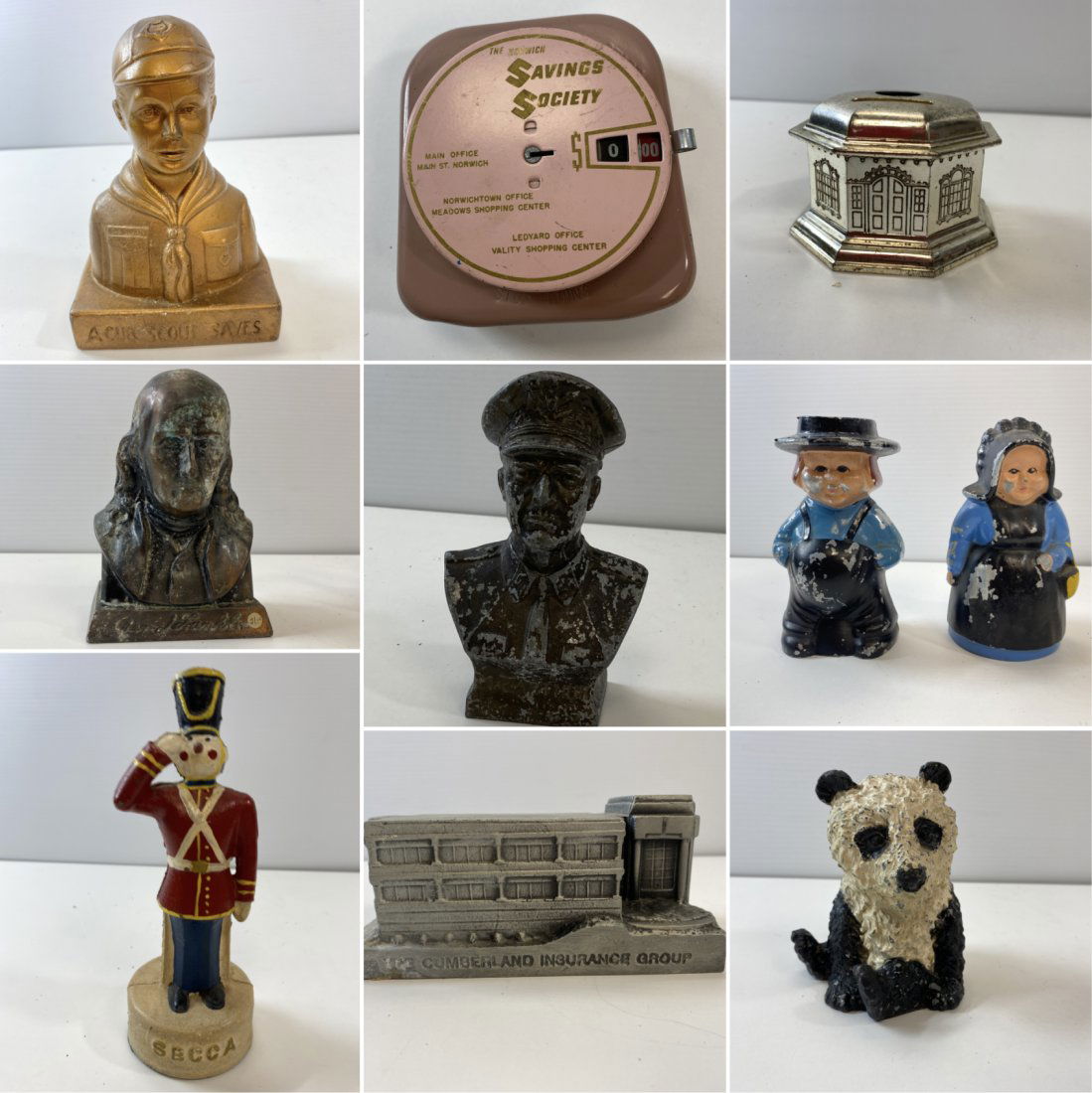 12 METAL AND PLASTIC COINS BANKS FROM THE LATE 60s AND EARLY 70s (1 of 12)