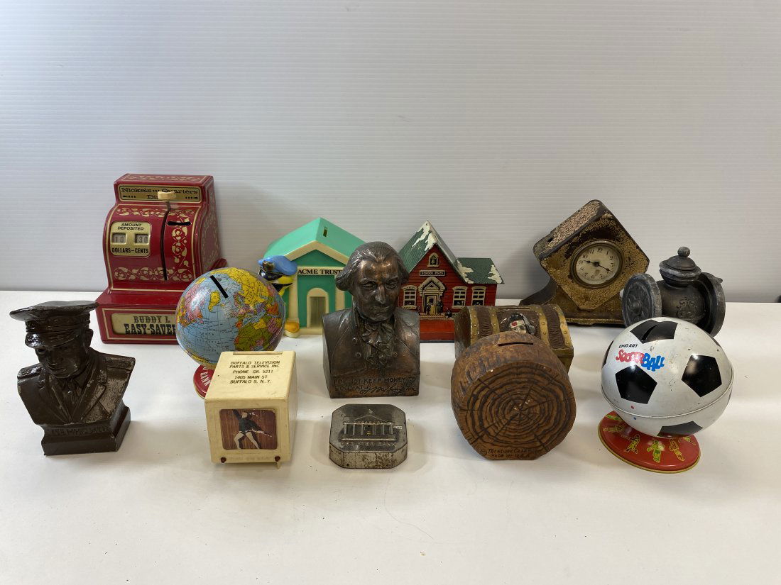 13 METAL AND PLASTIC OIN BANKS FROM THE 70's AND 80's (1 of 14)