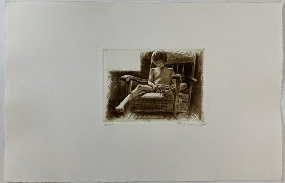 HARRY McCORMICK BOY WITH BOOK ARTIST PROOF: THIS IS A REAL NICE PIECE ITS A YOUNG BOY SITTING IN A CHAIR READING A BOOK BY HARRY McCORMICK ON PAPER FROM BERMOND HAND SIGNED AND IS ARTIST PROOFED. THE SIZE OF PIECE IS 14 3/4" LONG BY9 3/4" HIGH.