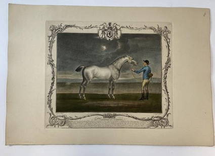 James Seymour The Portraiture of Lamprey: Restrike of engraved plate with hand color, from a series of twelve portraits of celebrated race horses wwth their groomsmen, by Irish mezzotint engraver Richard Houston (1721-1775) after James Seymou