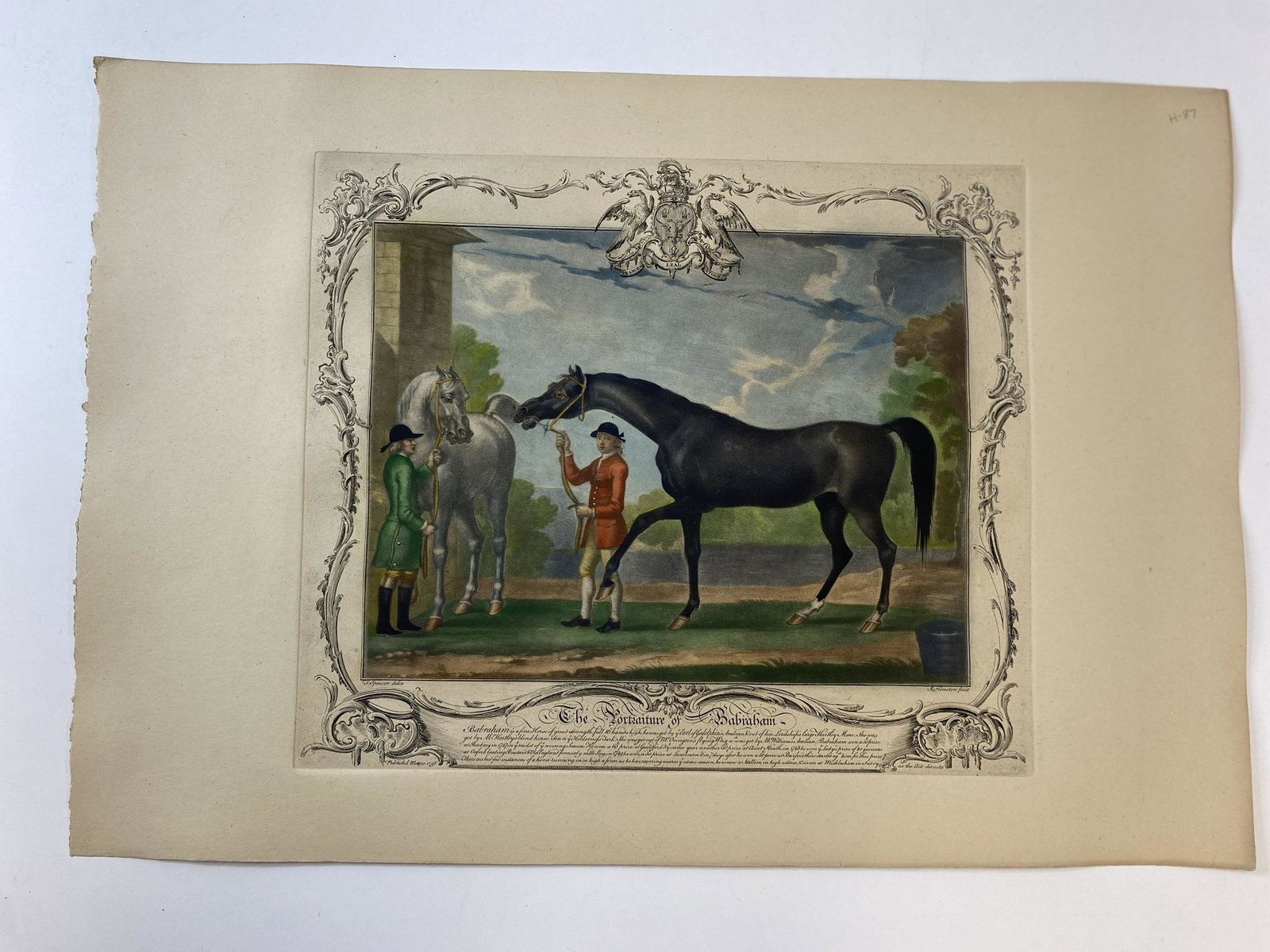 James Seymour The Portraiture of Babraham: Restrike of engraved plate with hand color, from a series of twelve portraits of celebrated race horses wwth their groomsmen, by Irish Mezzotint engraver Richard Houston (1721-1775) after James Seymou