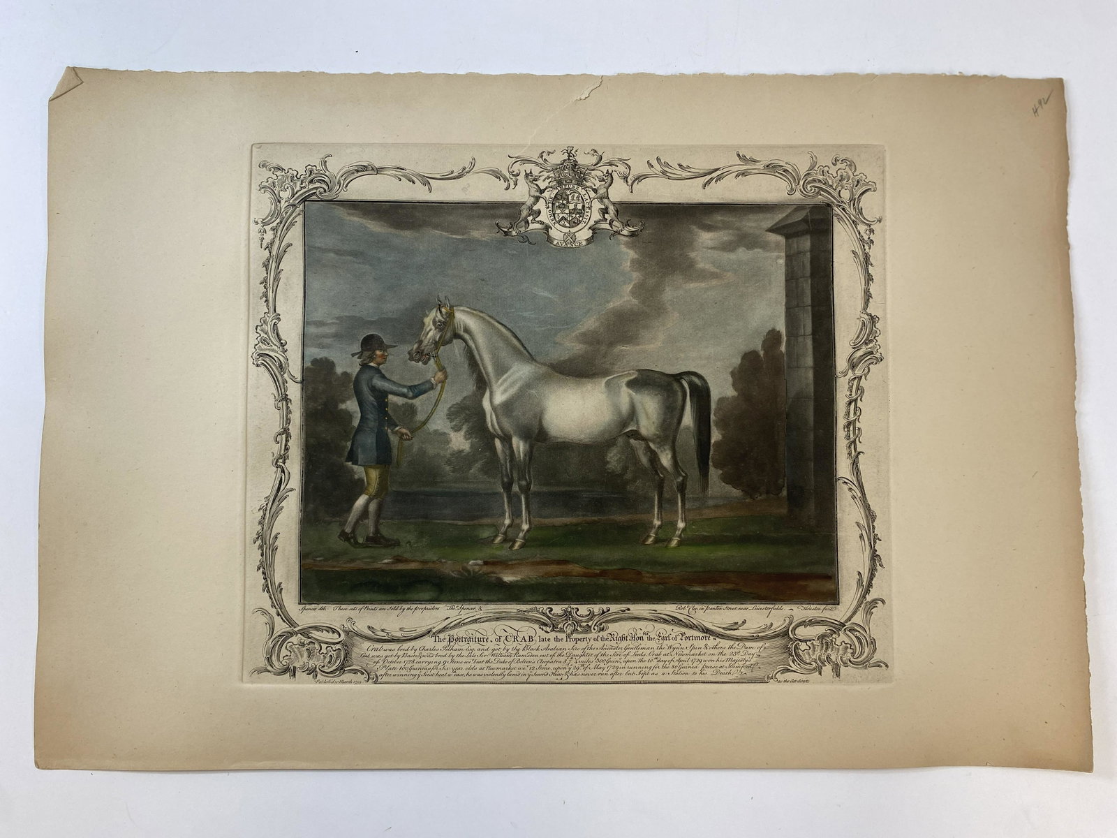 James Seymour The Portraiture of CRAB late Property of the Right Honble. the Earl of Portmore: Restrike of engraved plate with hand color, from a series of twelve portraits of celebrated race horses wwth their groomsmen, by Irish mezzotint engraver Richard Houston (1721-1775) after Thomas Spenc