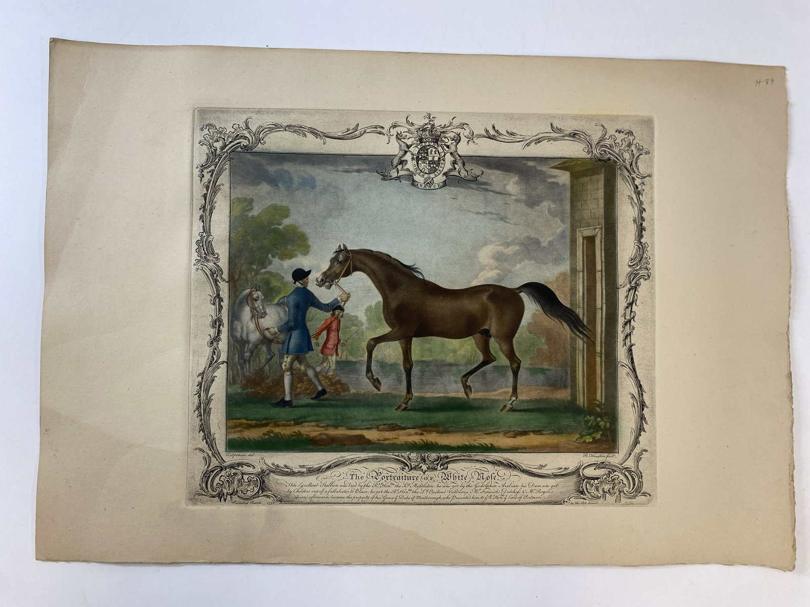 James Seymour The Portraiture of WHITE HOFE: Restrike of engraved plate with hand color, from a series of twelve portraits of celebrated race horses wwth their groomsmen, by Irish mezzotint engraver Richard Houston (1721-1775) after James Seymou