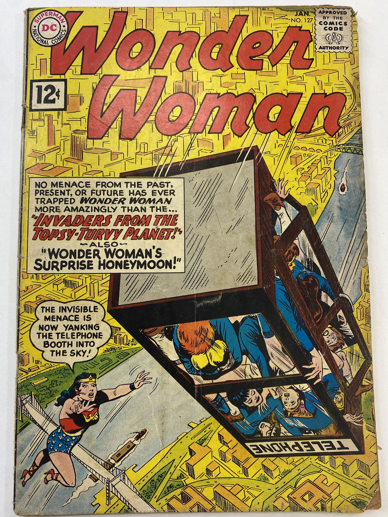 Wonder Woman Jan 1962 No. 127: Wonder Woman Jan 1962 No. 127. Caption: "No Menace from the Past, Present or Future has ever Trapped Wonder Woman more Amazingly That The... "Invaders From The Topsy-Turvy Planet! also "Wonder Woman's