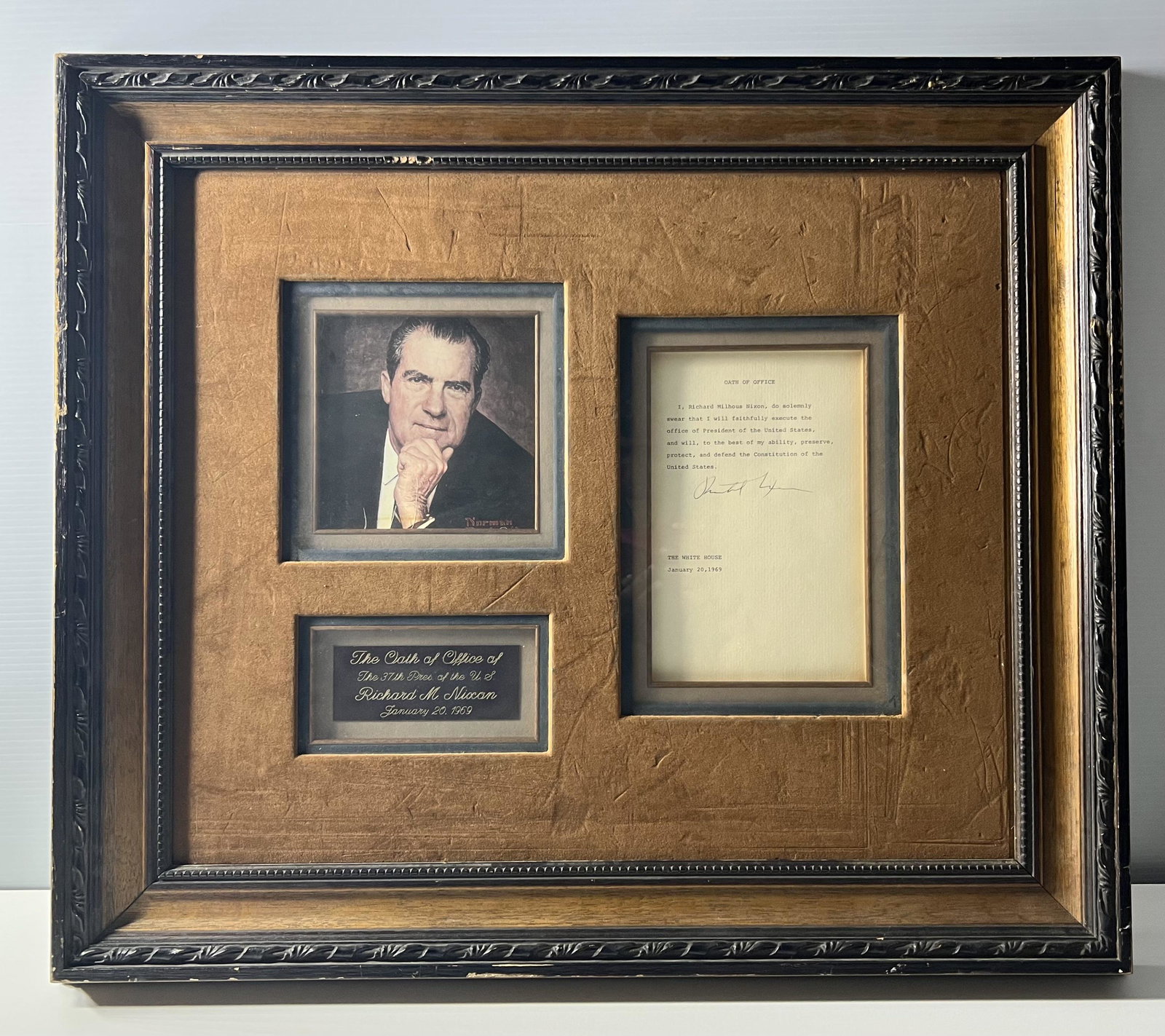 Richard Nixon Hand Signed Matted, Oath of Office with Photograph. Of the 37th President of the: Richard Nixon Hand Signed Matted, Oath of Office with Photograph. Of the 37th President of the United States of America, January 20 1969. This original autograph material has been examined by the frim