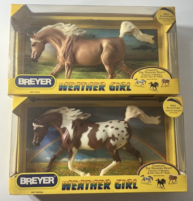 (2) Breyer Horse: Weather Girl - 1465 Rainbow & 1463 Sunny - Brand New Original Packaging: (2) Breyer Horse: Weather Girl - 1465 Rainbow & 1463 Sunny. 1. Rainbow Weather Girl: No. 1465 (2011) Description: Matte Golden Palomino, Pintobosa; Star and Snip 2. Sunny Weather Girl: No. 1463 (2011)