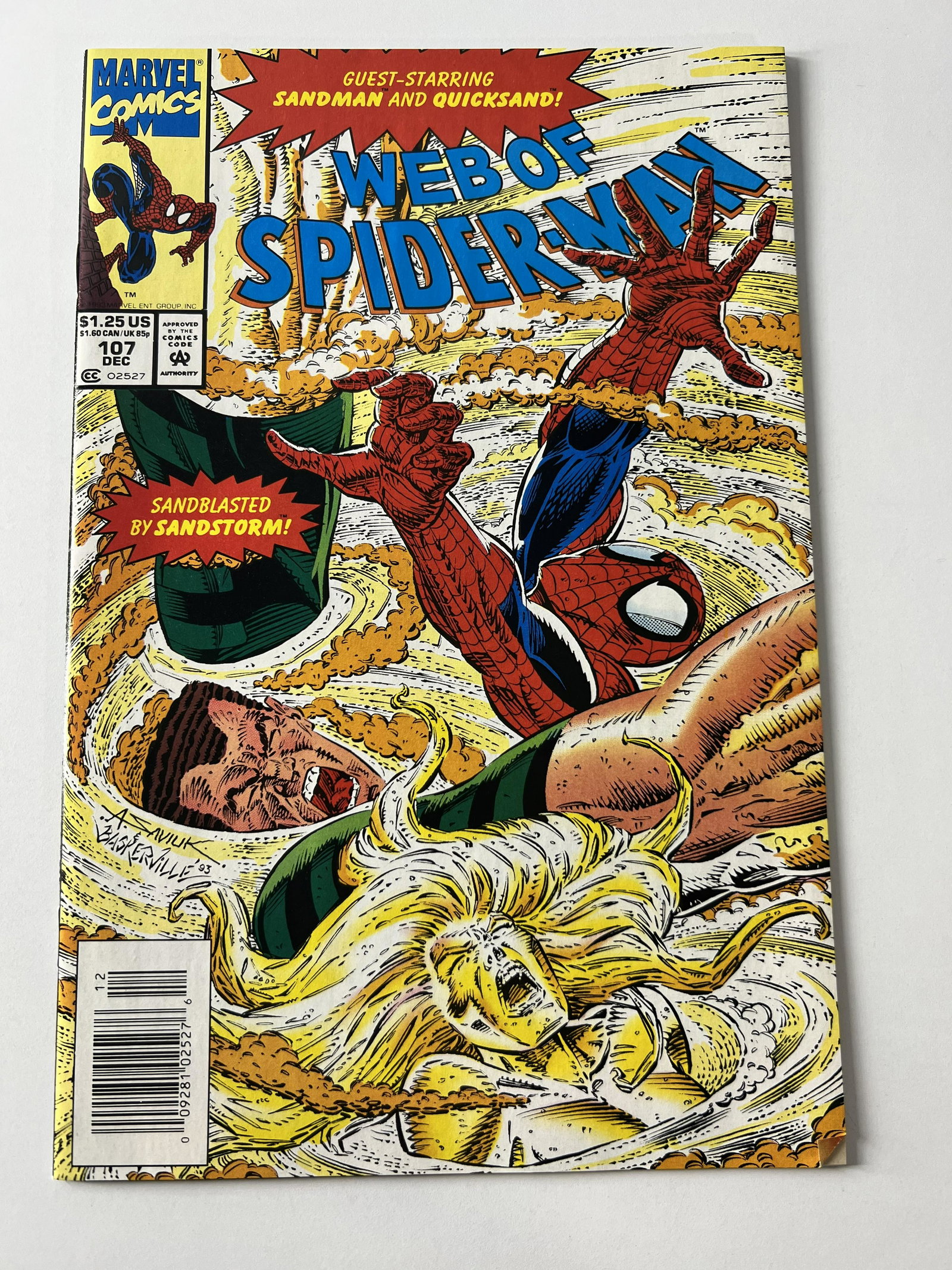 Web of Spider-man Dec 1993 Vol. 1 No. 107: Web of Spider-man Dec 1993 Vol. 1 No. 107. Caption: "Sandblasted by Sandstorm!" I looked through the book and it appears to be in Medium to High Grade 7.0 to 9.5 condition.