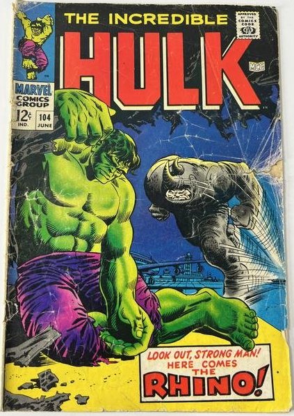 The Incredible Hulk Vol. 1 No. 104 June 1968: The Incredible Hulk Vol. 1 No. 104 June 1968. Caption: "Look Out, Strong Man! Here Comes The Rhino!" I looked through the book and it appears to be Low to Medium Grade 2.0 to 6.5 condition.