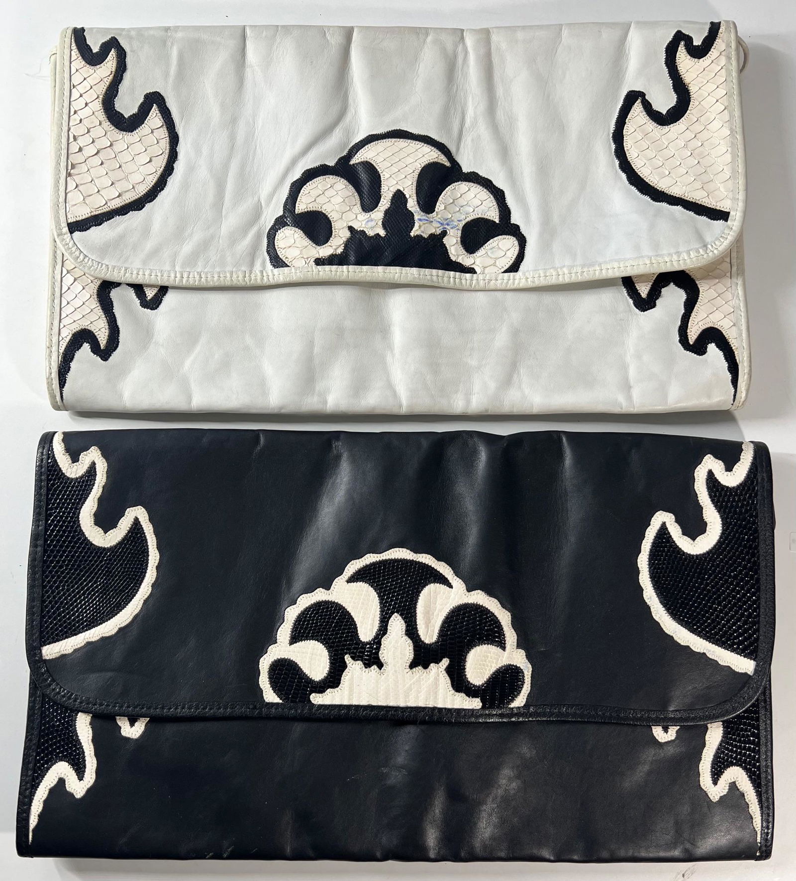 Lot of 2 Vintage Carlos Falchi Designer Leather Shoulder Bags - 1 Black and White Design with Snake (1 of 13)