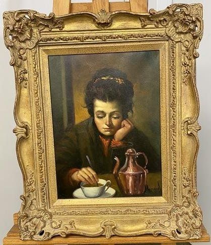 J. Adamol Portrait of a Women Stirring Her Coffee: This is a beautiful piece of artwork, it is oil on canvas of a women stirring her coffee. it is in a beautiful gold frame, it measures 19"l x 2.75"w x 46"h gold frame