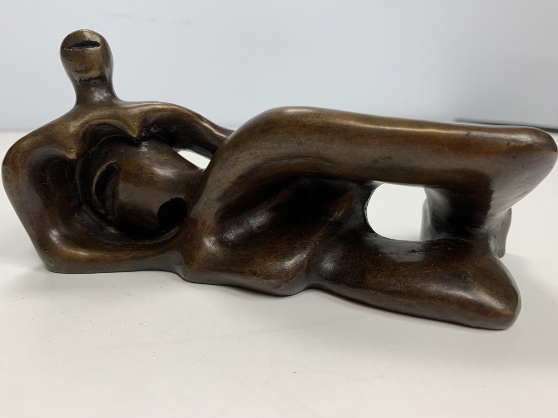 Henry Moore Study for Elmwood Figure (Reclining Figure), 1945: Henry Moore "Reclining Nude" Elmwood figure Bronze Sculpture Signed: Foundry signed on the bronze 1/9 Total Dimensions: Height 7'' x Width 3''Approximate Weight: 4 LBS