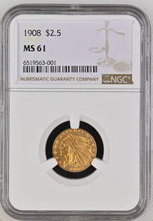 1908 UNITED STATES $2.5 NGC MS 61 gold coin: 1908 $2.5 MS Obverse1908 $2.5 MS Reverse Category: Indian Head $2.50 (1908-1929) Mint: Philadelphia Mintage: 564,821 Obverse Designer: Bela Lyon Pratt Reverse Designer: Bela Lyon Pratt Composition: Go