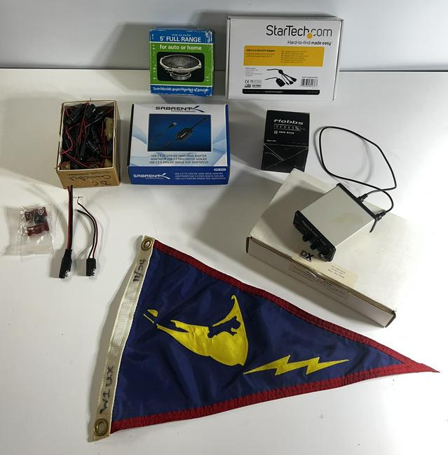 Lot of 7 Assorted Ham Radio Accessories USB Adapters Hour Meter DC Connectors Speaker and a Flag (1 of 12)