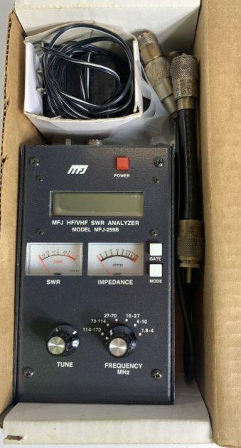 MFJ-259B HF/VHF SWR Analyzer: MFJ-259B HF/VHF SWR Analyzer. This is used in the box. With the power cord and cables. And has the Instruction Manual.