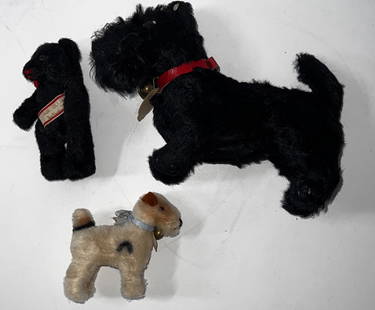 (3) Original Steiff Plushies - Foxy, Scotty Dog Terrier Black Mohair 1949 to 1957 & Berliner Black: (3) Original Steiff Plushies - Foxy, Scotty Dog Terrier Black Mohair 1949 to 1957 & Berliner Black Bear. the meaurements are 9 1/2" x 6" x 3" , 4" x " x 1 1/2", 3" x 2" x 5".