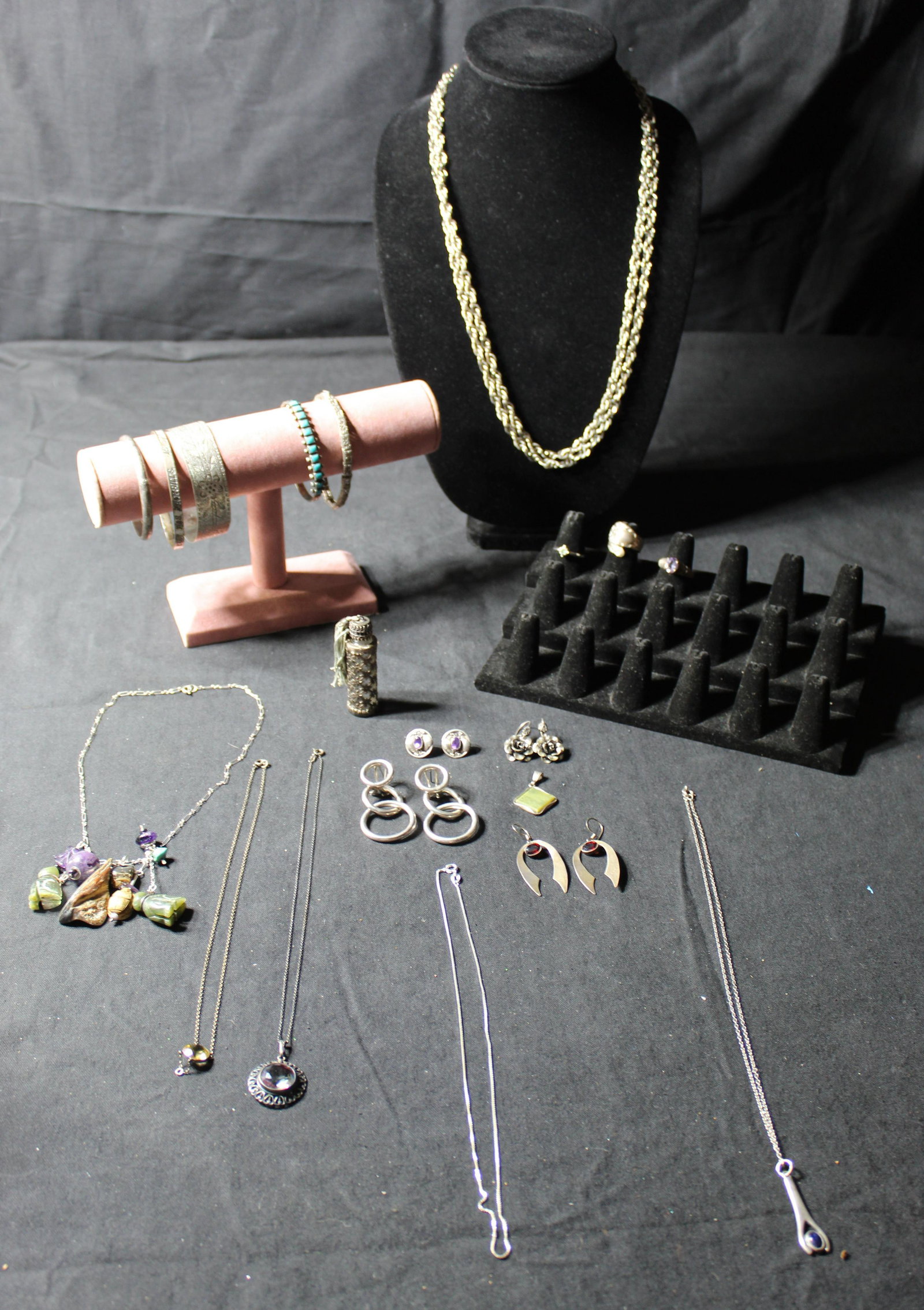 Lot of 20 .925 Sterling Silver Jewlery  -MIxed Lot- Earrings, Necklaces, Perfume Bottle, Rings, (1 of 15)