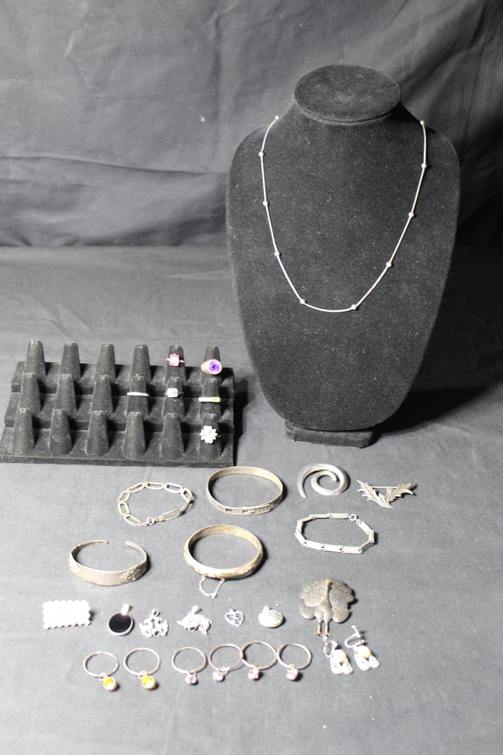 Lot of 25 - Mixed Sterling .925 Jewelry - Brooches, Pendants, Necklaces, Earrings, Rings and (1 of 15)