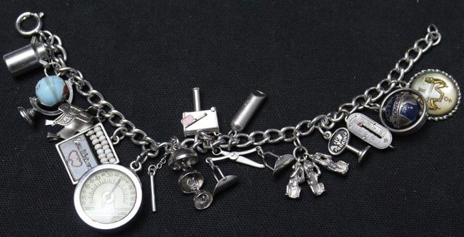 925 Sterling Silver Charm Bracelet w/ 14 Different 925 Charms (1 of 5)