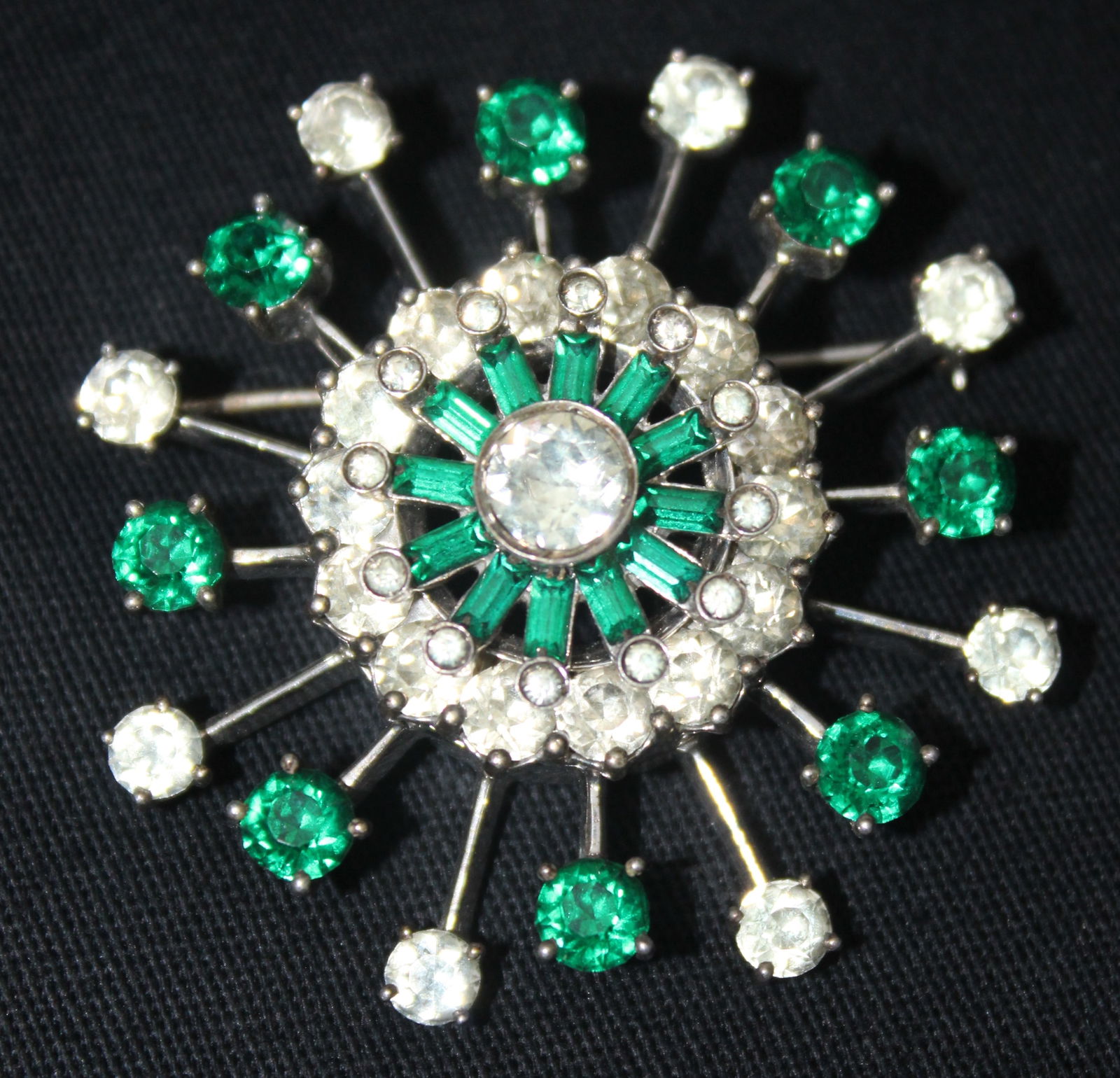Sterling Silver Brooch w/ Emerald & Clear Rhinestones 31 grams (1 of 2)