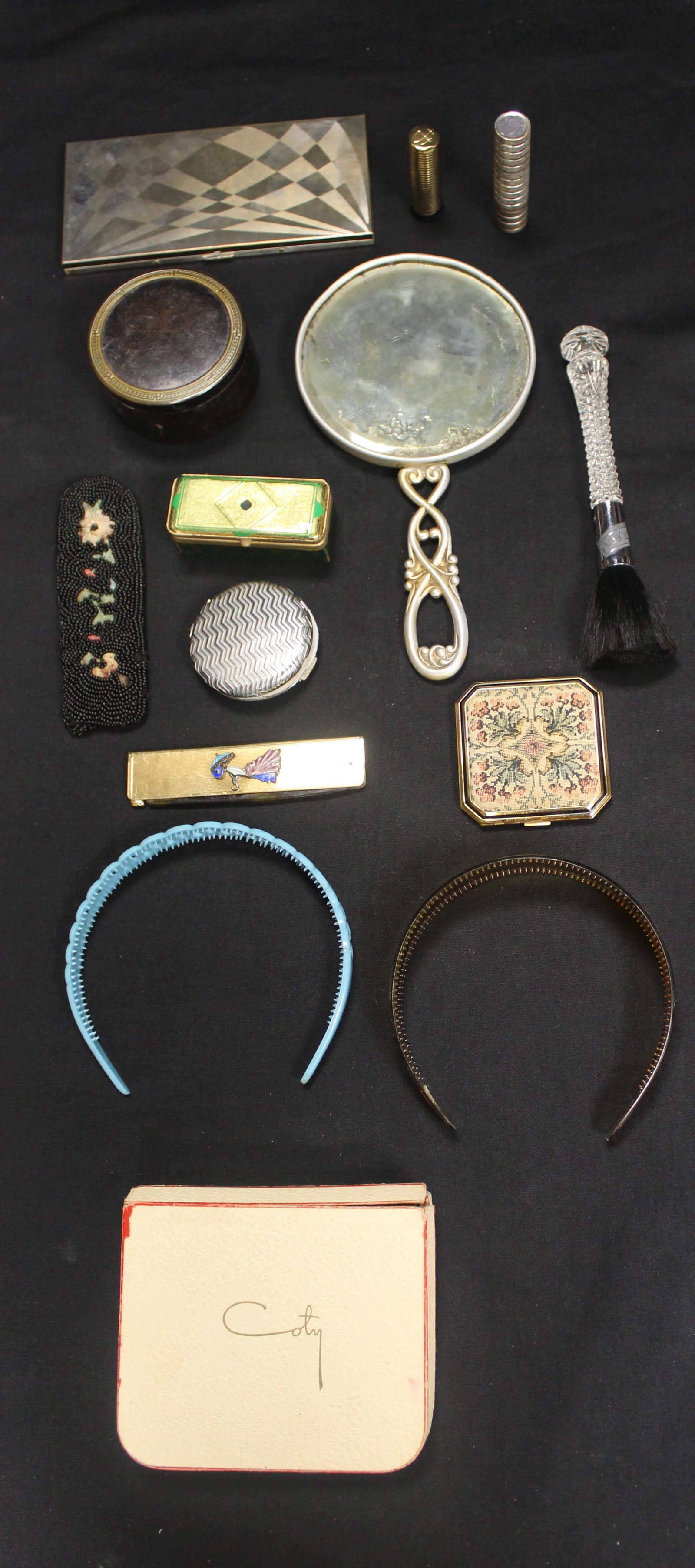 Antique Womens Vanity Accessories - Compact Cases, Lipstick Cases, Mirror, Head bands and Combs -: Antique Womens Vanity Accessories - Compact Cases, Lipstick Cases, Mirror, Head bands and Combs.There are 4 Compact Cases 2"- 5", 2 Lipstick Cases 2"-3", 2 Head bands 4"-5", 1 Make up brush 6 1/2" & b