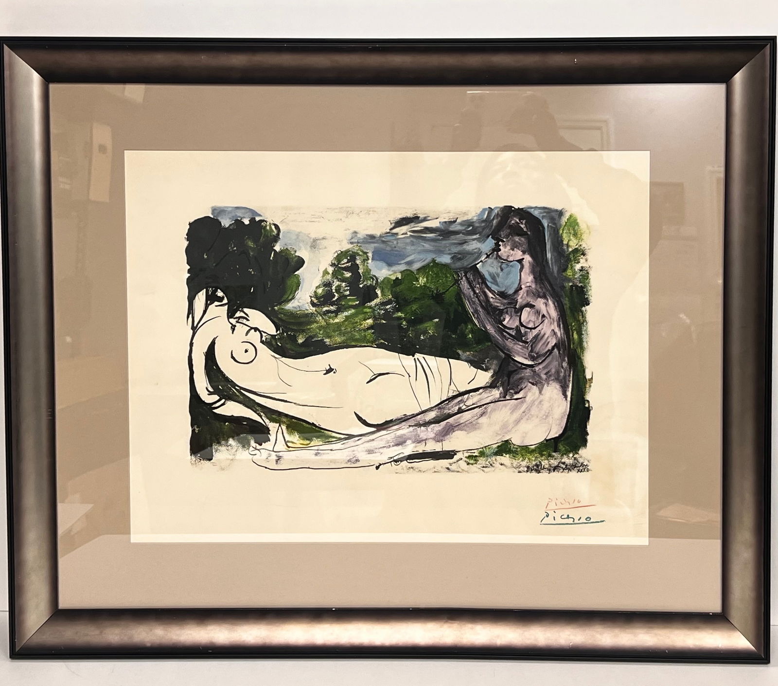 Signed Pablo Picasso; Femme Nue Couchee et Jouer de Flute hand coloured pochoir and lithograph (1 of 4)