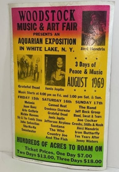 Original Woodstock Aug 1969 Music & Art Fair Presents Aquarian Exposition in White Lake N.Y. Poster: This is one of the Original Woodstock Music & Art Fair Presents Aquarian Exposition in White Lake N.Y.3 days of Peace & Music Aug 1969 Poster. This is a great vintage find! It is in good condition for