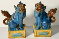 (2) Rare Pair of Antique Chinese Yixing Clay Jun Glazed Foo Dogs Repblic Period