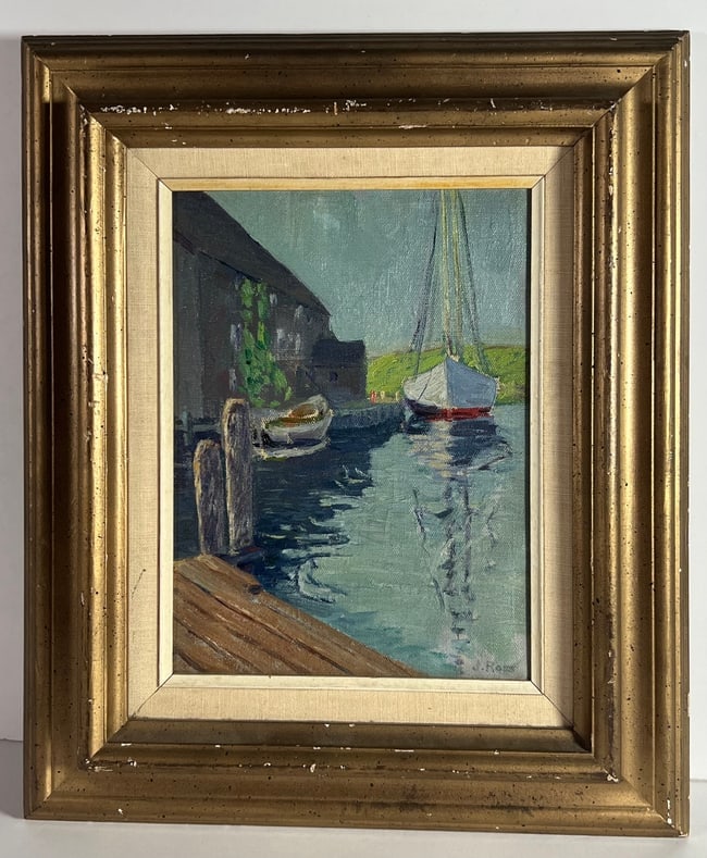James Ross Signed Oil On Canvas: Signed Oil on Canvas, the painting is of boats docked at a pier. The artist used beautiful colors to create a nice scene. the arist name is signed in the bottom right corner. The canvas measures 16" x