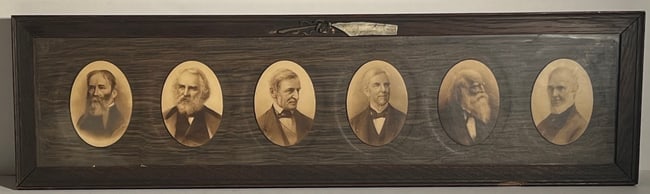 6 Photos 1800s Authors in a Wooden Frame: 6 Cabinet Cards Photos cut into ovals. Aruthors from the 1800s. Going from left to right. Photo 1 we belive is Walt Whittma. Photo 2 is Henry Wadesworth Longfellos Photo 3 is Ralph Waldo Emerson 4 is 