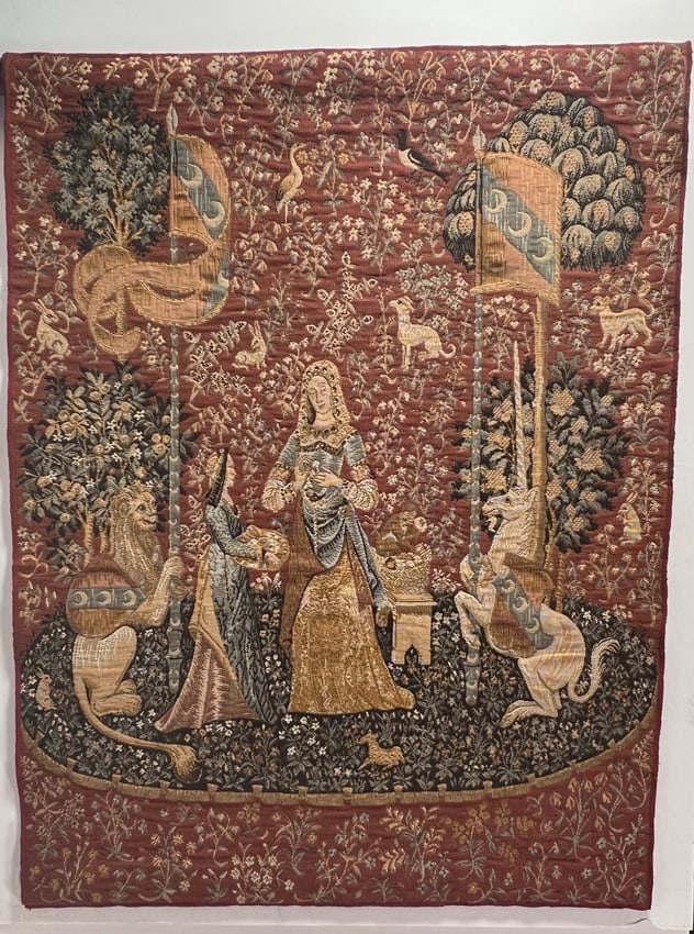 The Lady with the Unicorn Tapstry Rug: The Lady with the Unicorn Tapestry Rug. Beautiful rug, it was made in Belgium by Ter Waes Ltd, it is made from cotton & wool. The measurements are 25 1/2" x 31 1/2".