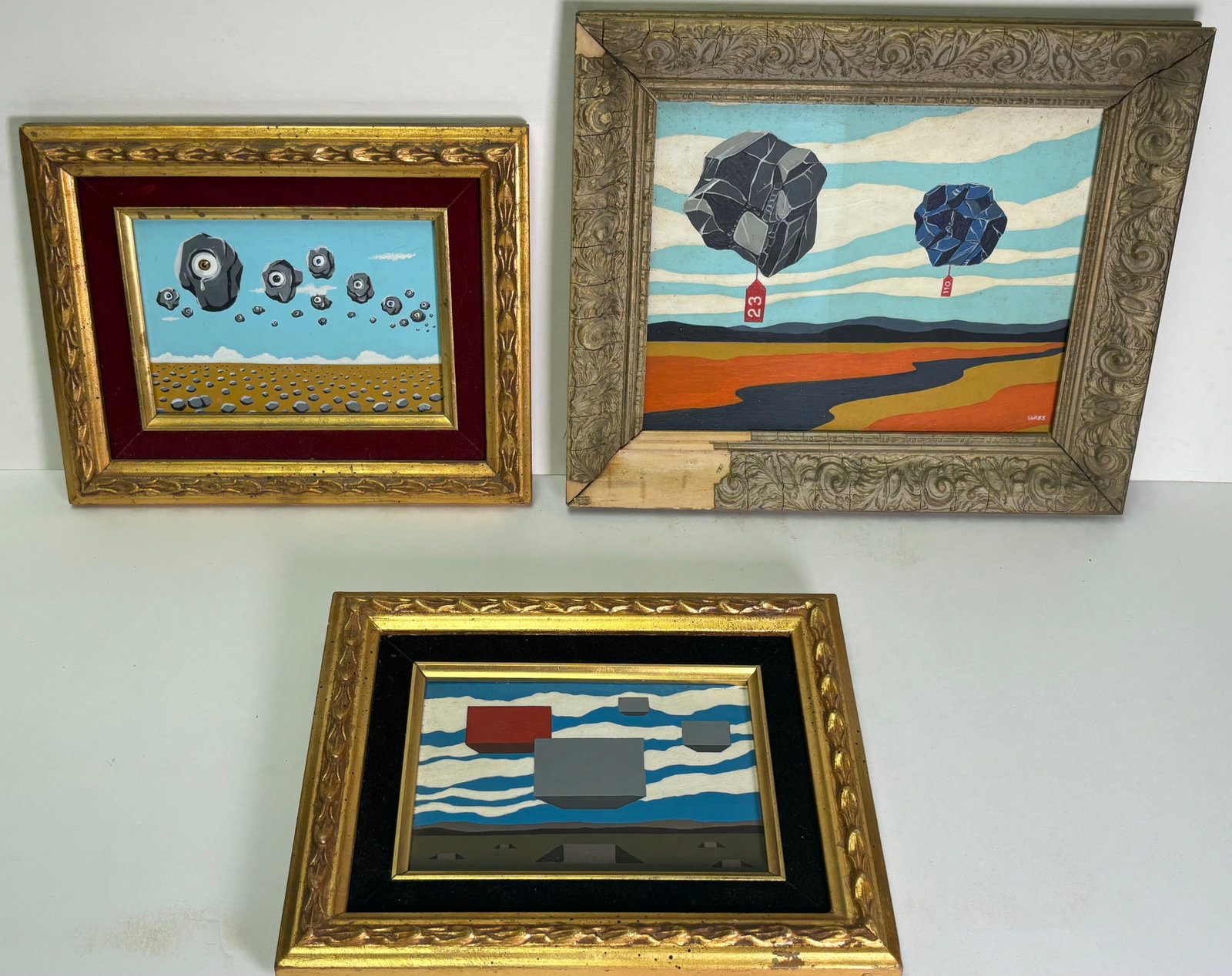 Ken Vares Oil on Board Paintings -1968, Floating Eyeballs, Floating Blocks & 110/23 Floating 1968: These are (3) Ken Vares Oil on Board Paintings from 1968. (1) Floating Eyeballs Oil on Board. This is a nice old painting, it is in good condition, The painting depicts 25 rocks with eyeballs floating