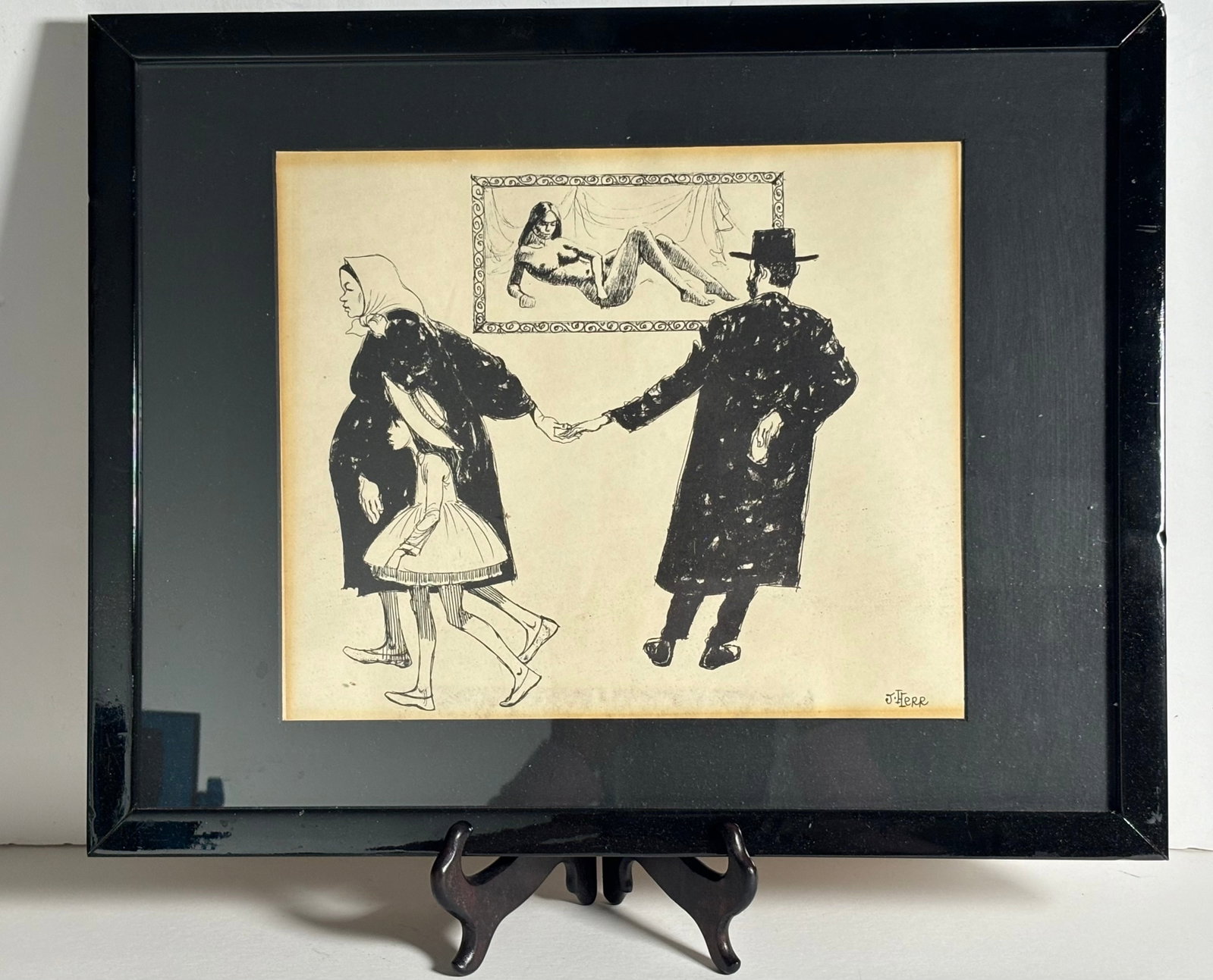 J. Herr Signed Pen & Ink Judaica Framed Piece: J. Herr Pen & Ink Judaica Framed Piece. This is a beautiful piece of art, This intricate piece depicts a man viewing a piece of art, while a lady with her child is pulling him away, a very funny and c