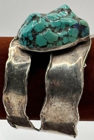 Vintage JS-925 Sterling Silver Bangle Bracelet w/ Large Turquoise Stone