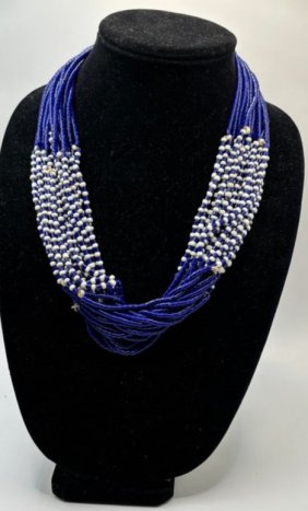 Vintage Native American Tribal Threaded Beaded Layered Multistrand Necklace - Royal Blue / White