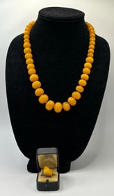 Vintage Butterscotch Amber Necklace & Sterling Amber Butterscotch Ring