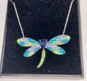 Multi-Color Crystal Dragonfly Necklace in 14kt White Gold Plated 925 Sterling