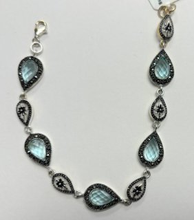 925 Sterling Marcasite & Aquamarine Teardrop Bracelet - Made in Thailand