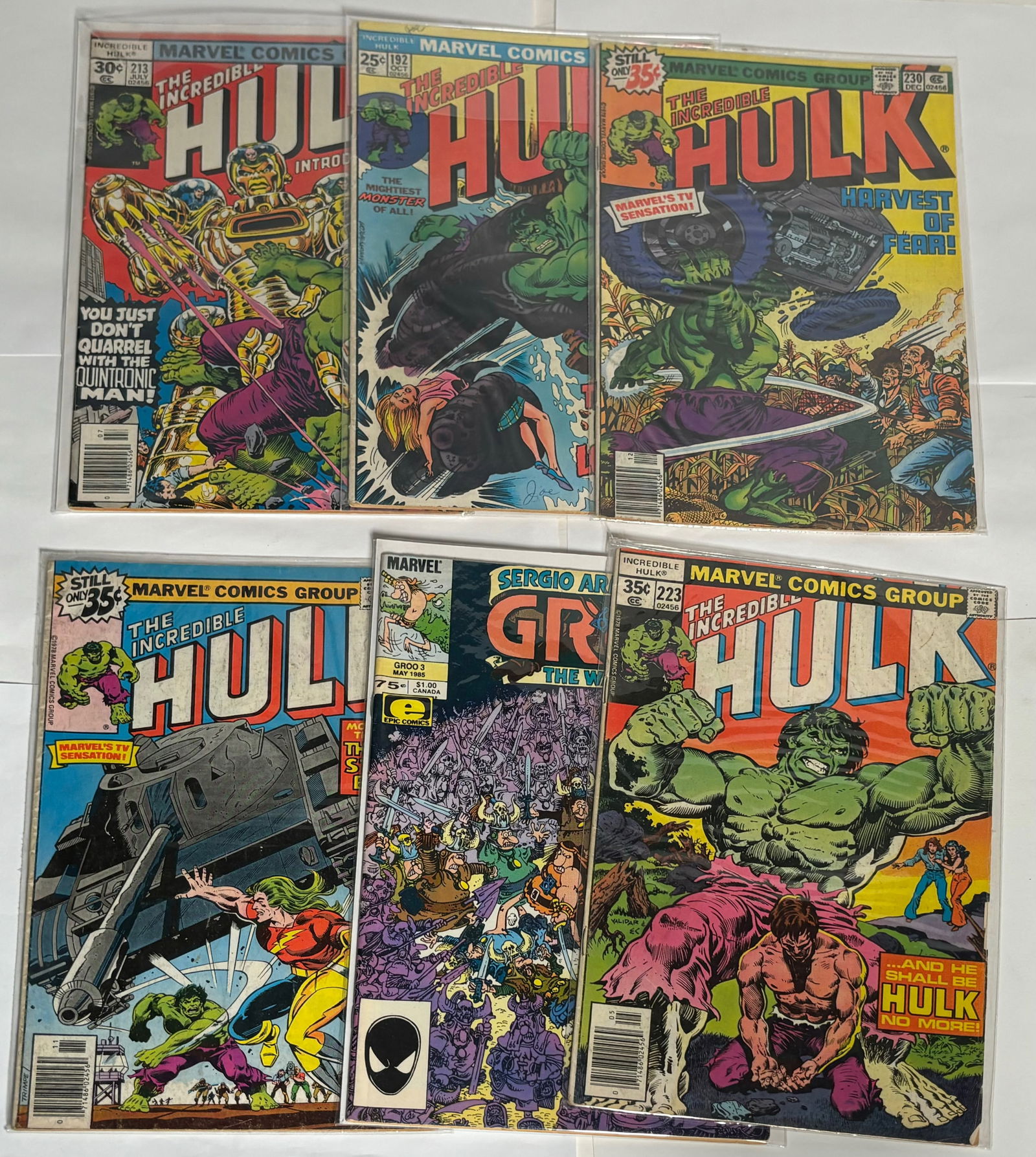 Lot of 6 Comic Books - Marvel Comics - The Incredible Hulk  - 1975, 1977, 1978, 1985 (1 of 7)