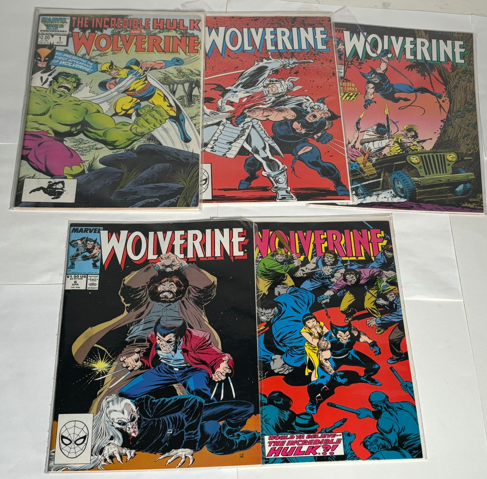 Lot of 5 Comic Books - Marvel Comics - Wolverine & The Incredible Hulk -  1986, 1988, 1989 (1 of 6)