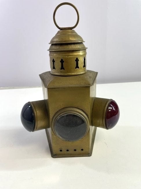 Antique Brass Bow Lantern Light 3 Bullseye Lenses Clear Red (1 of 12)