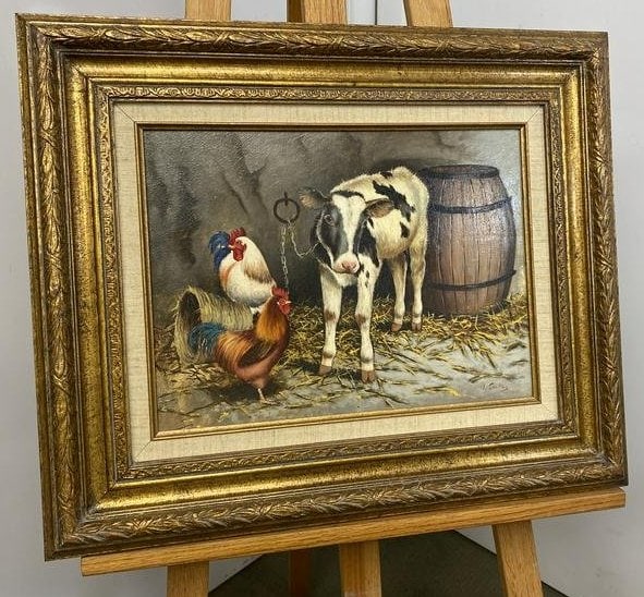 J. Santini Oil on Board Cow nd 2 Chickens (1 of 6)