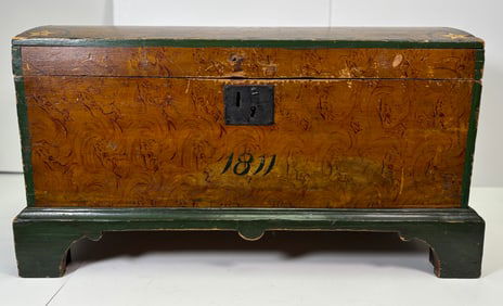 Vintage 1811 Wooden Children Blanket Chest Hand Painted Gold an Green