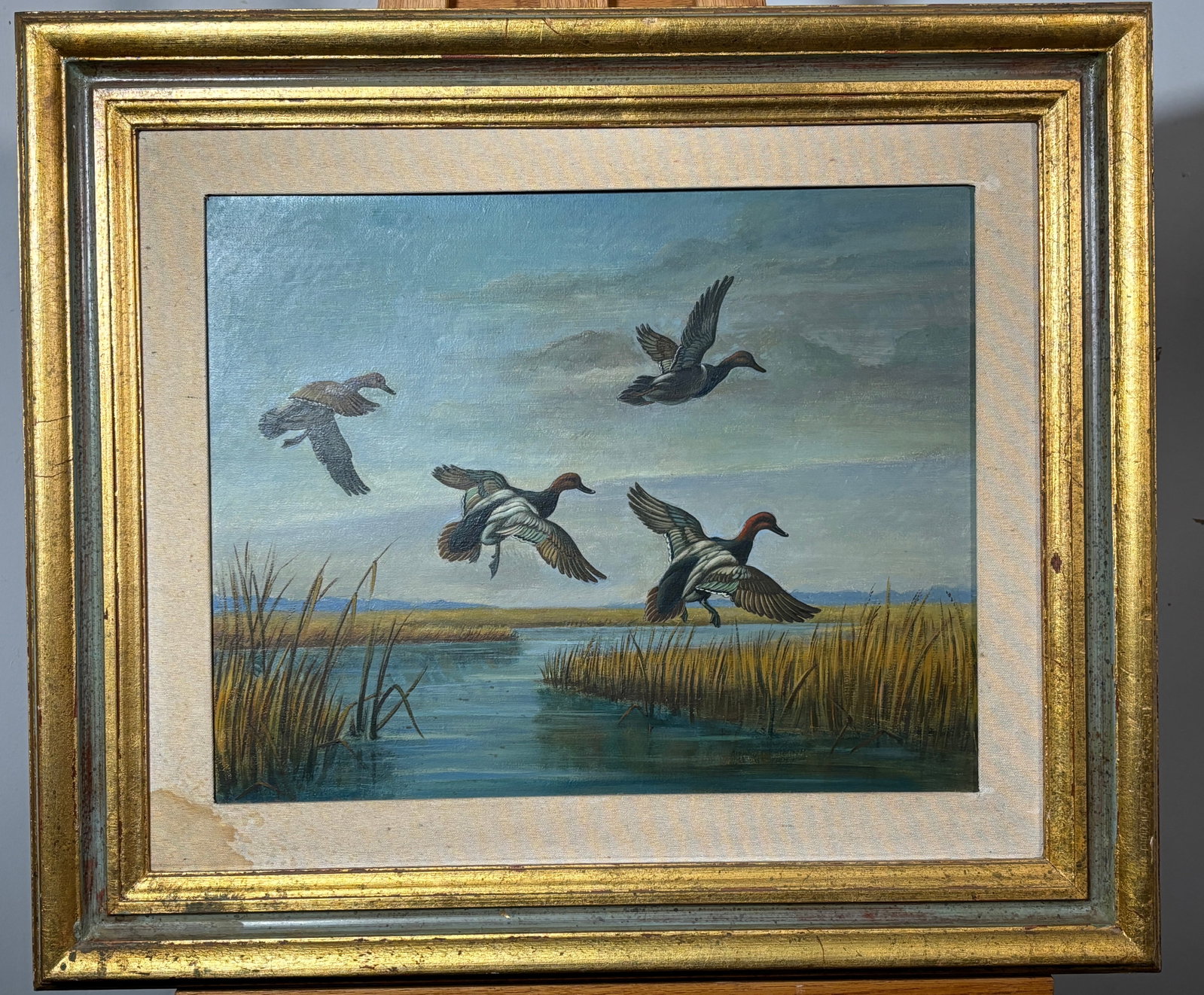Ducks in Flight Painting Oil on Canvas by Adolfo Tagliaferri: Ducks in Flight Painting Oil on Canvas by Adolfo Tagliaferri. This is a beautiful painting, the artist captures the dynamic beauty of a group of ducks in mid flgiht. The painting was produced by a ski