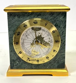 Vintage Benchmark Quartz Made in Germany World Mantal Clock Green Marble and Brass